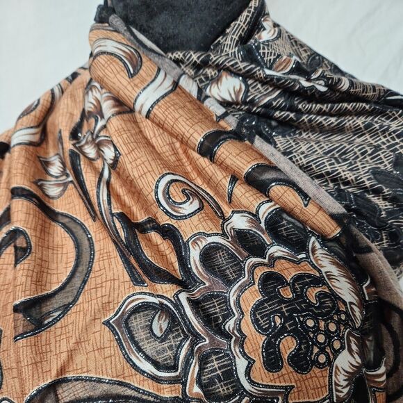Scarf Wrap Floral Hollow Out Black Brown Fringed 64 x 17 Metallic Silver - Picture 2 of 7